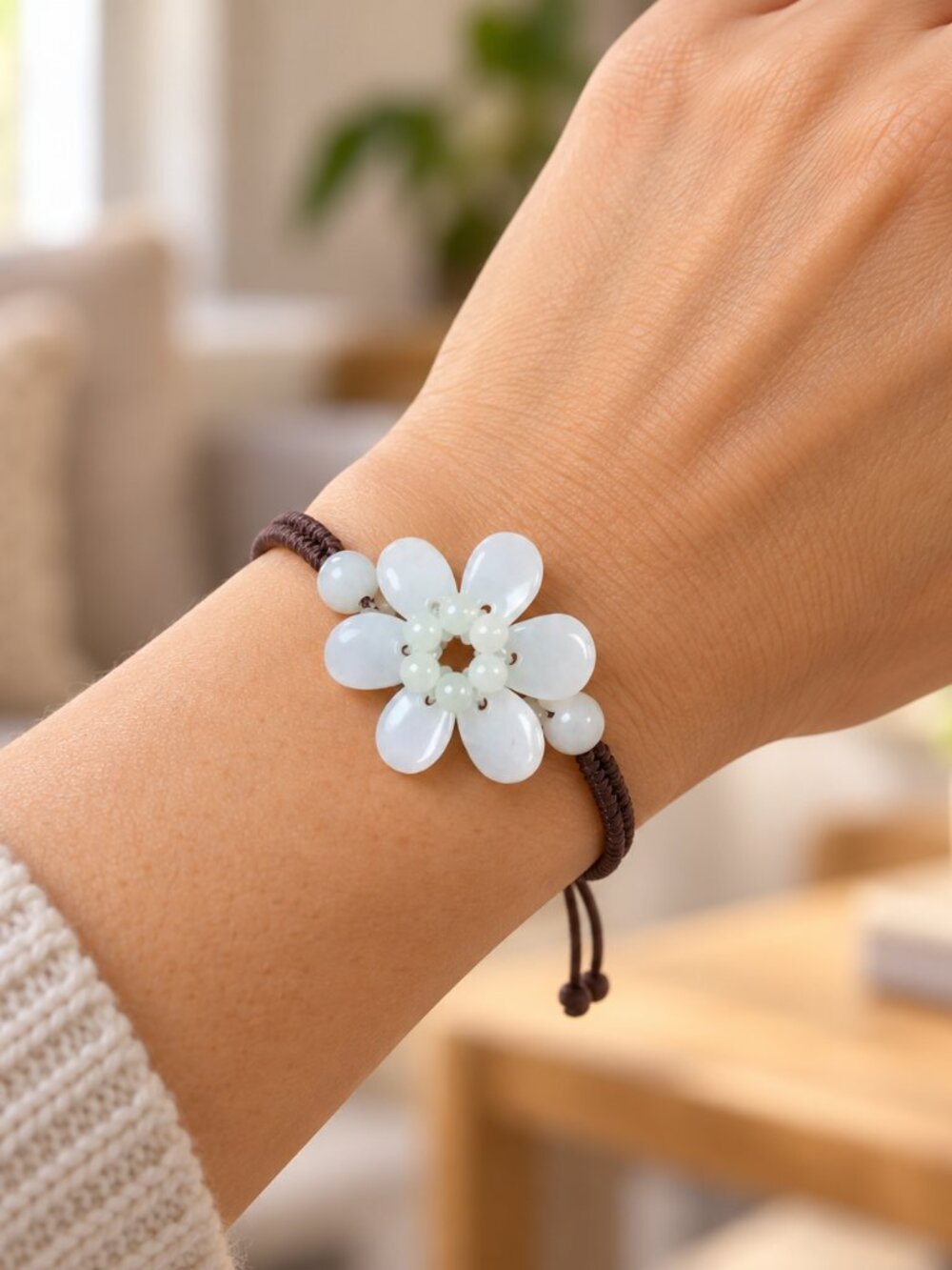 Brown Leather Adjustable Floral Bracelet White Beadedβ Boho Cottagecore